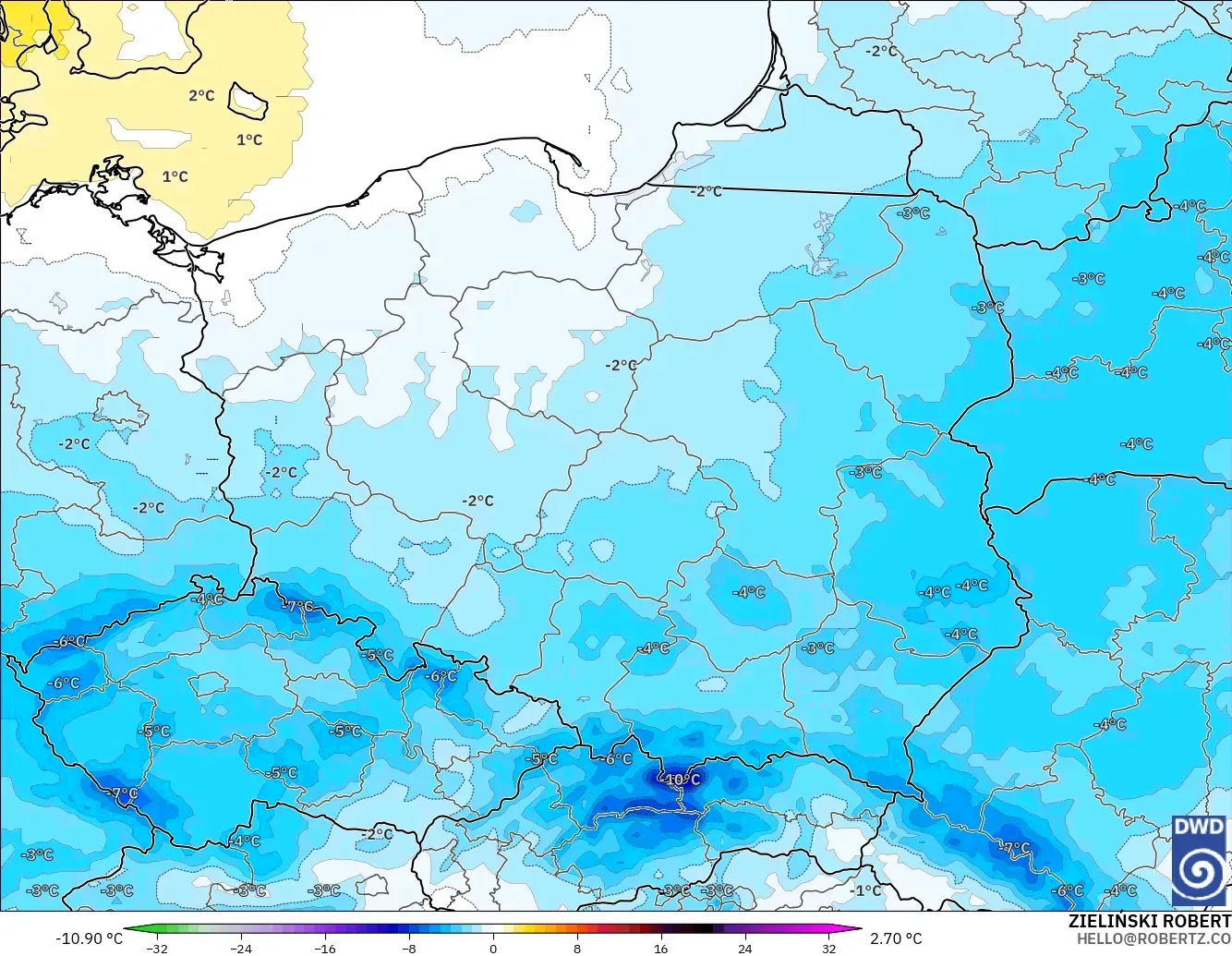 ICON modelo - Polônia, Anomalia de temperatura a 850 hPa