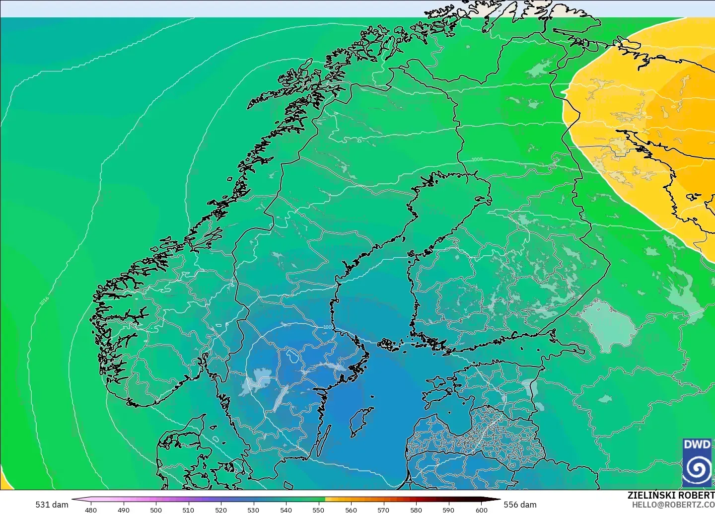 ICON modelo - Escandinávia, Altura geopotencial a 500 hPa