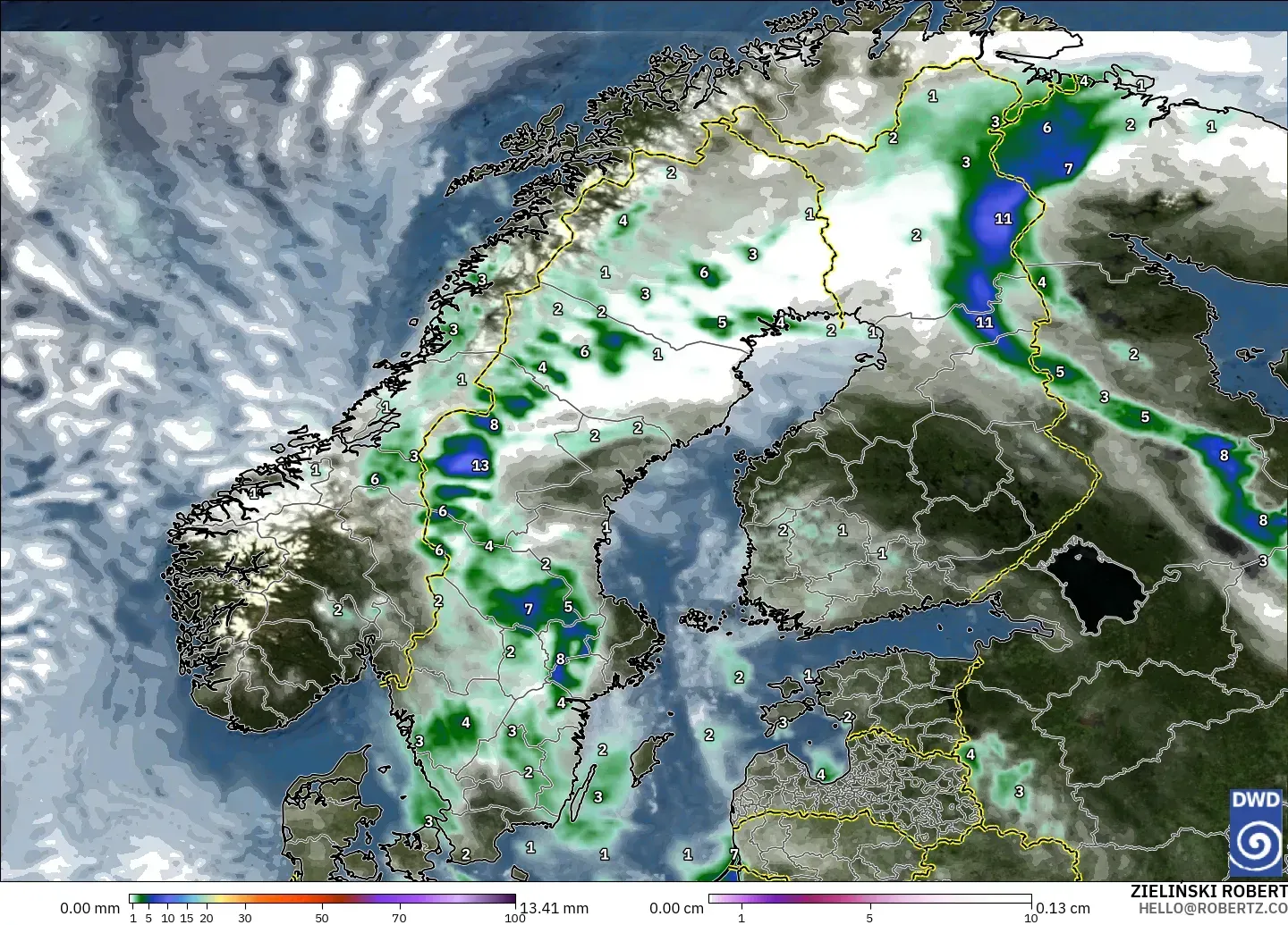 ICON modelo - Escandinávia, Precipitação, nuvens e pressão
