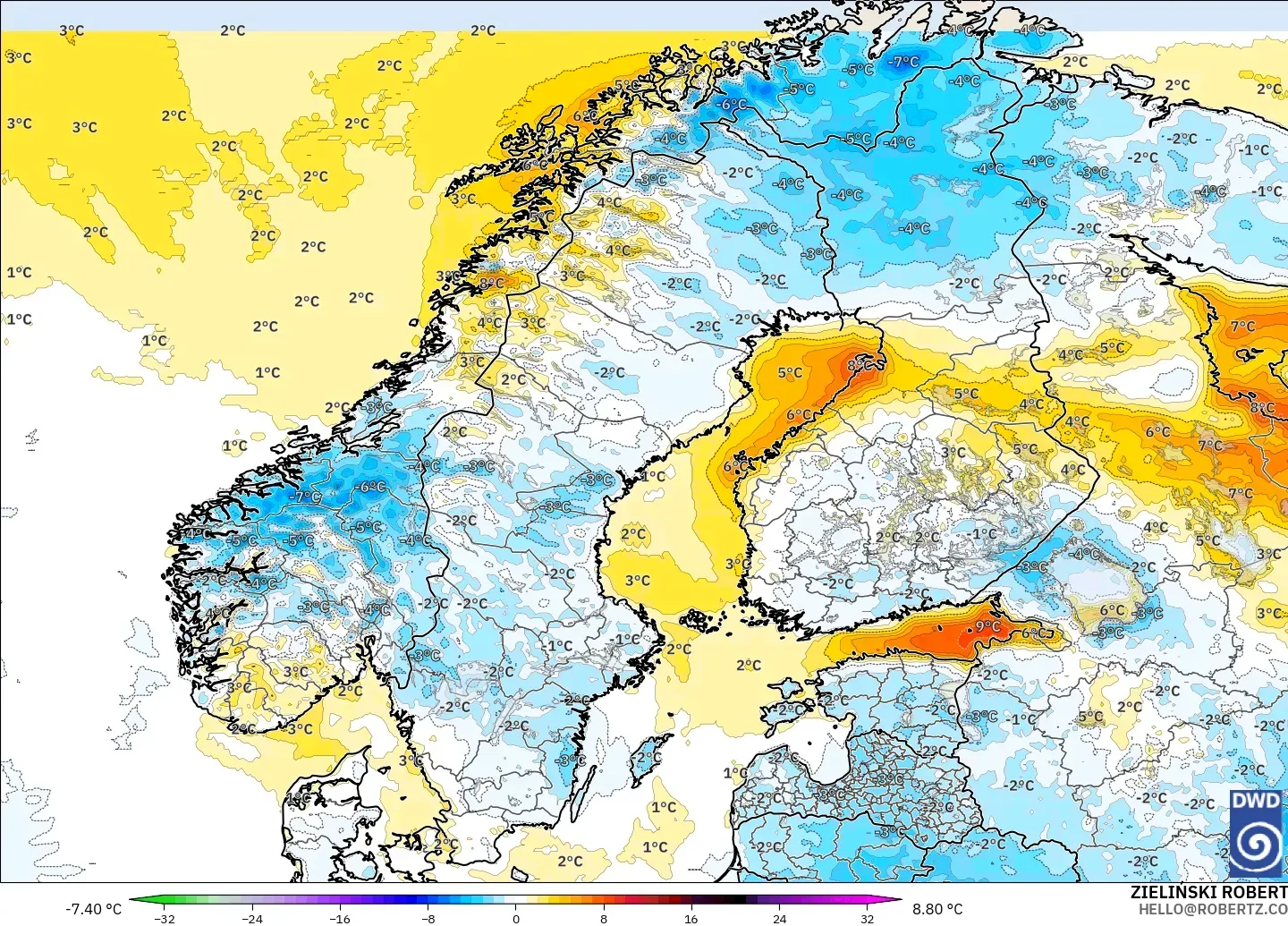 ICON modelo - Escandinávia, Anomalia de temperatura a 2 m