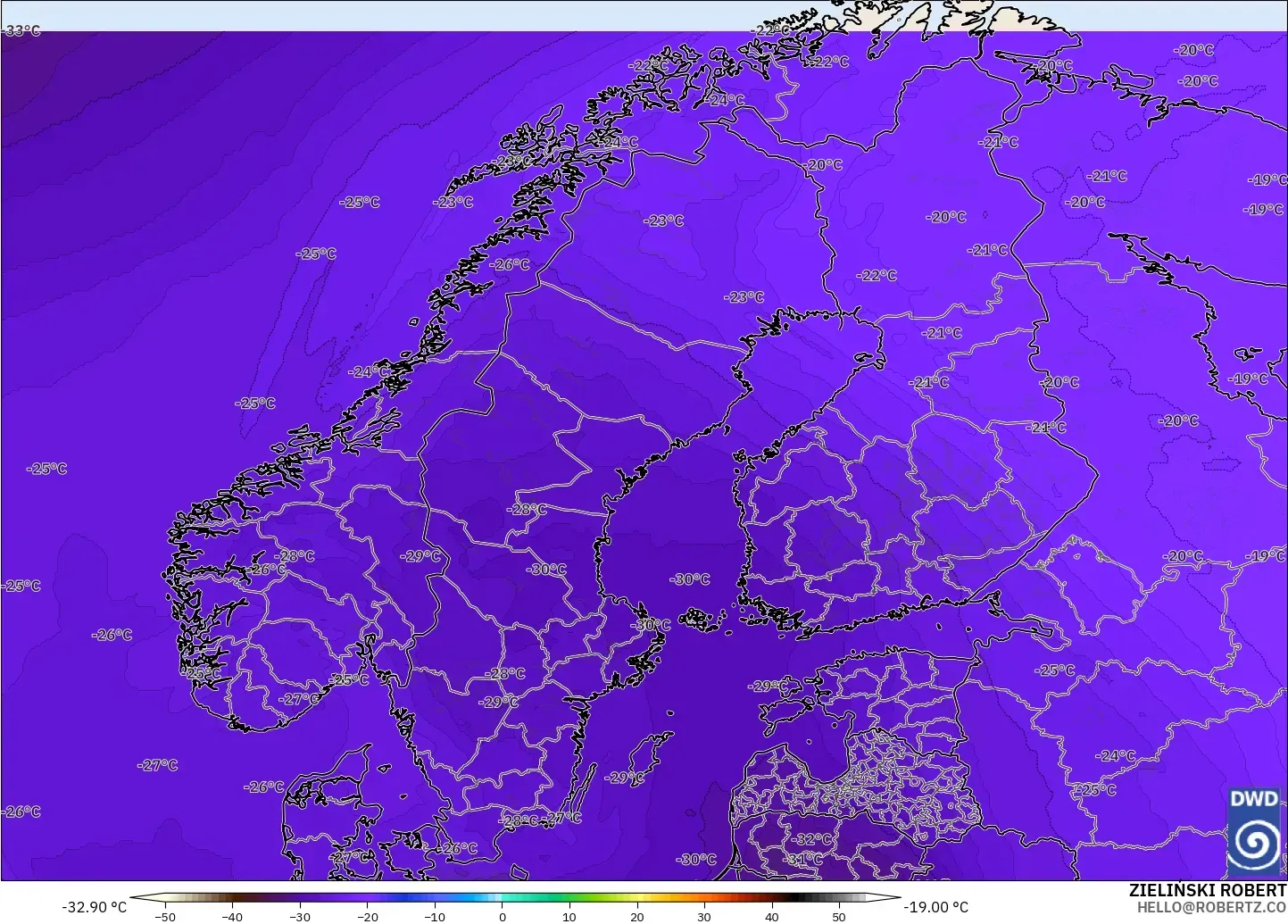 ICON modelo - Escandinávia, Temperatura a 500 hPa