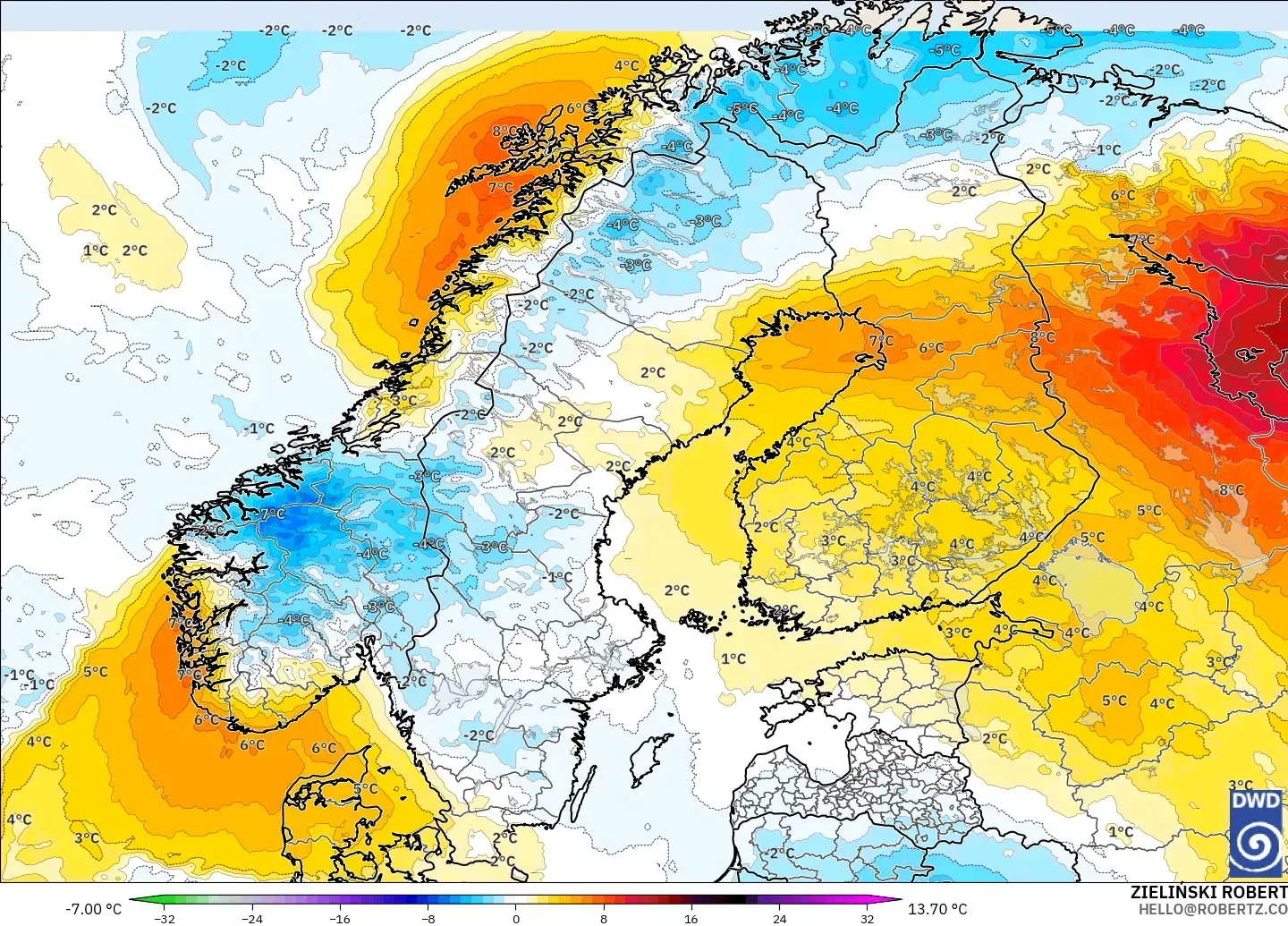 ICON modelo - Escandinávia, Anomalia de temperatura a 850 hPa