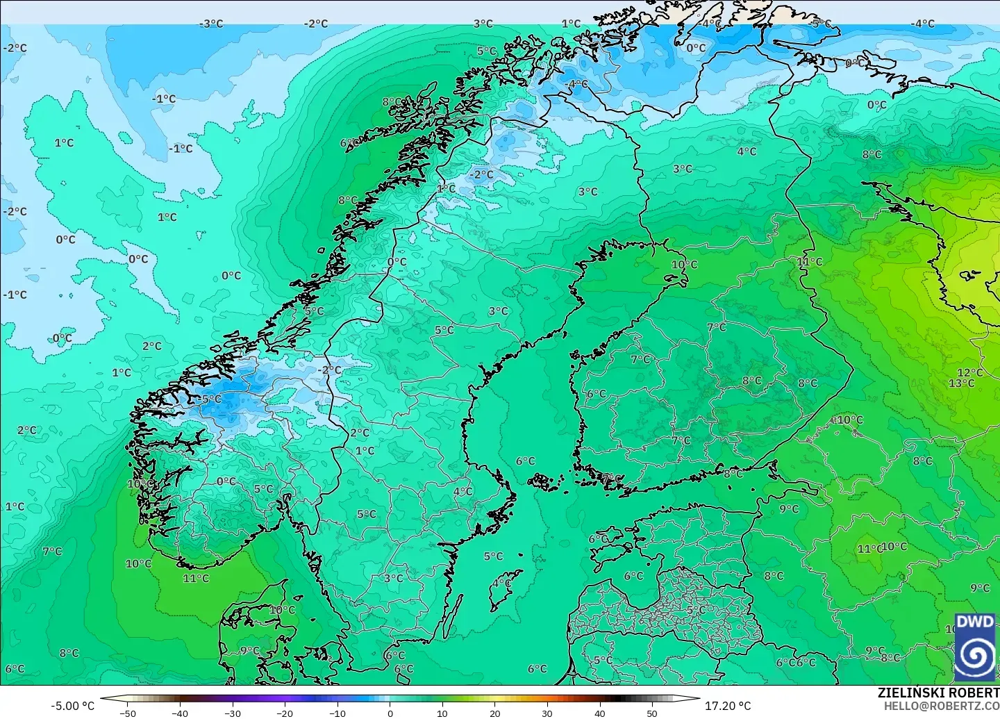 ICON modelo - Escandinávia, Temperatura a 850 hPa