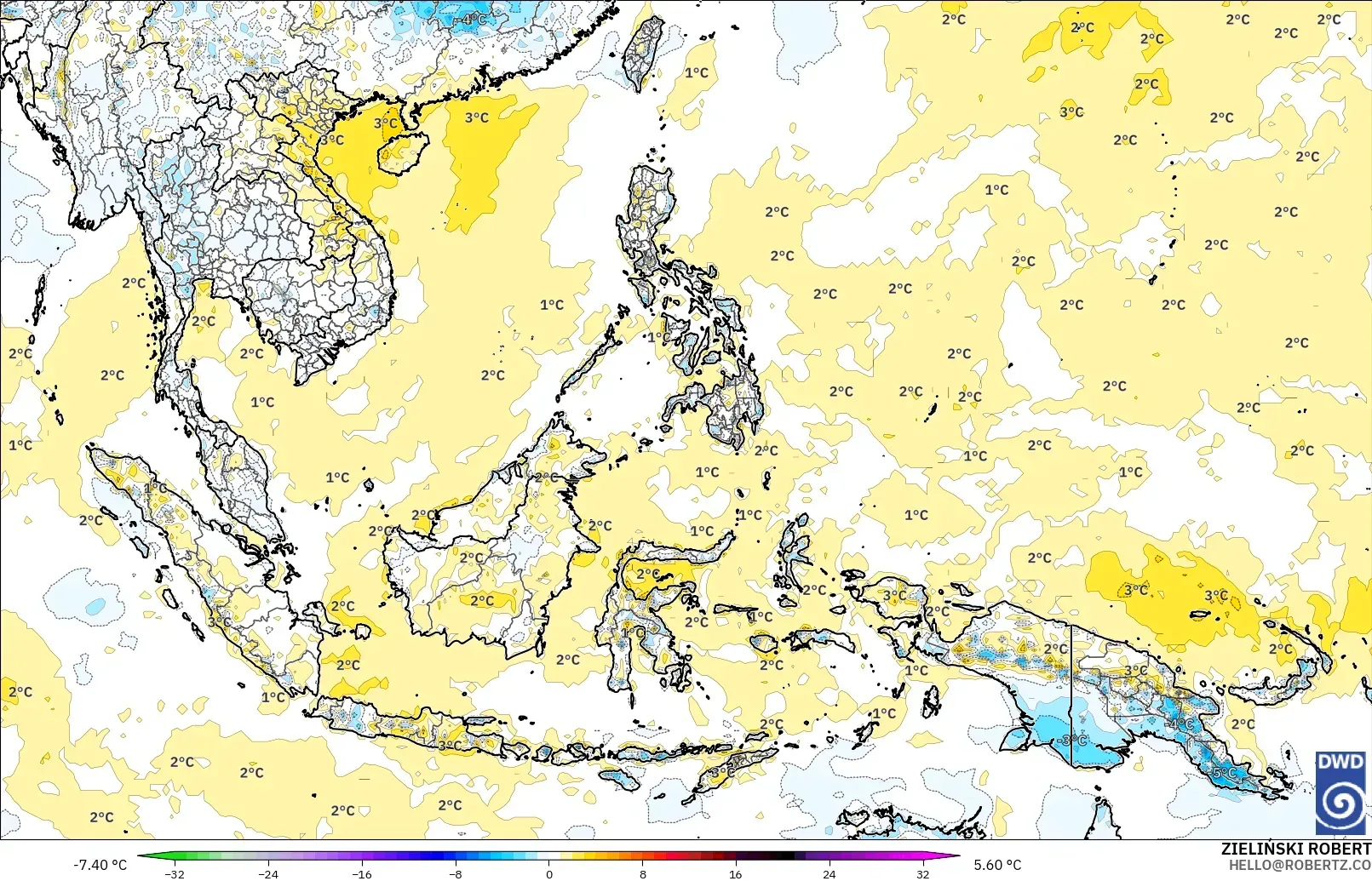 ICON modelo - Sudeste Asiático, Anomalia de temperatura a 2 m