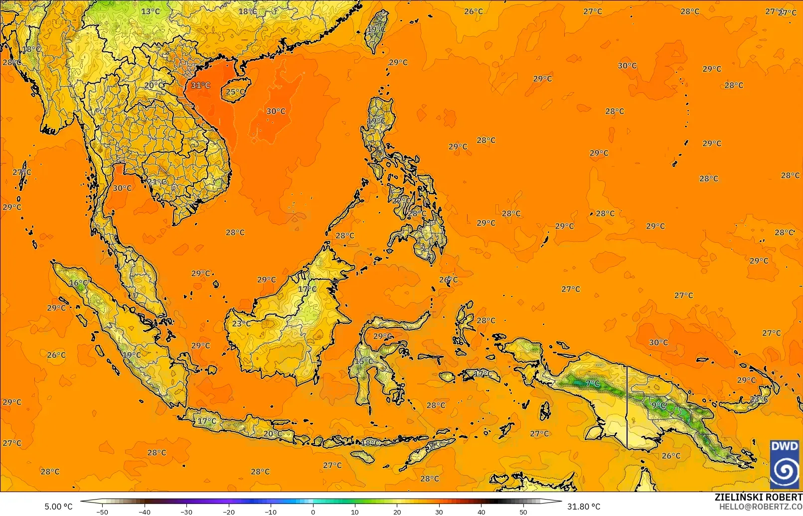 ICON modelo - Sudeste Asiático, Temperatura a 2 m