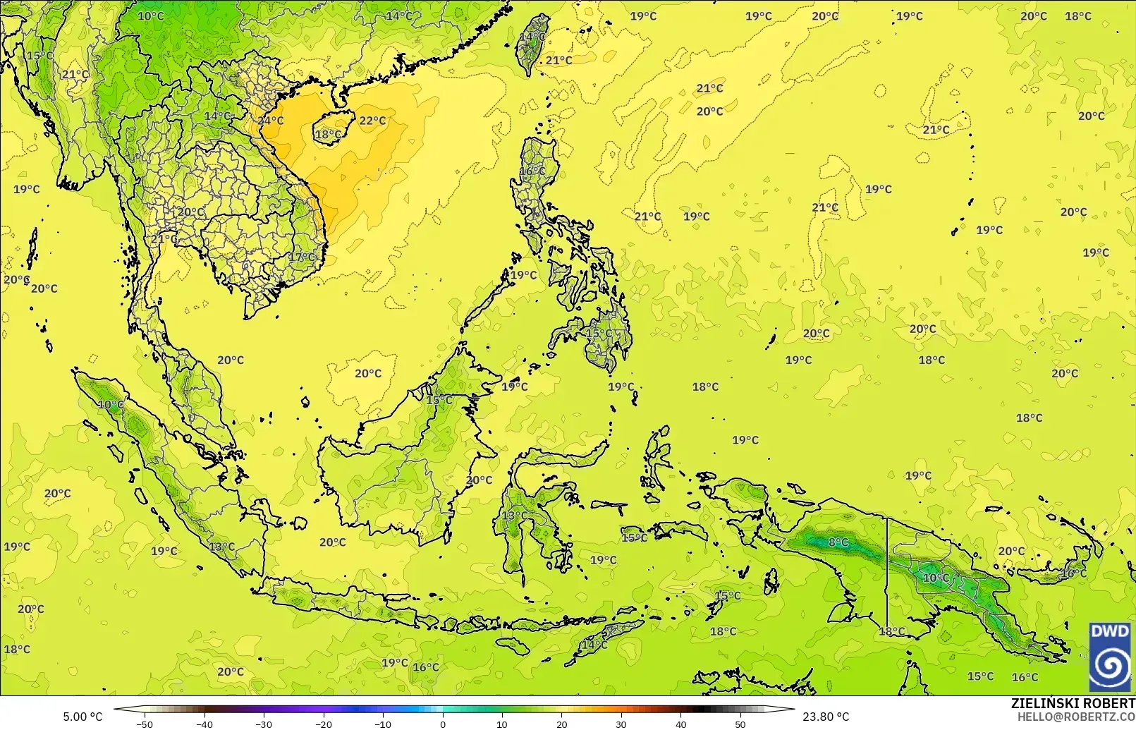 ICON modelo - Sudeste Asiático, Temperatura a 850 hPa