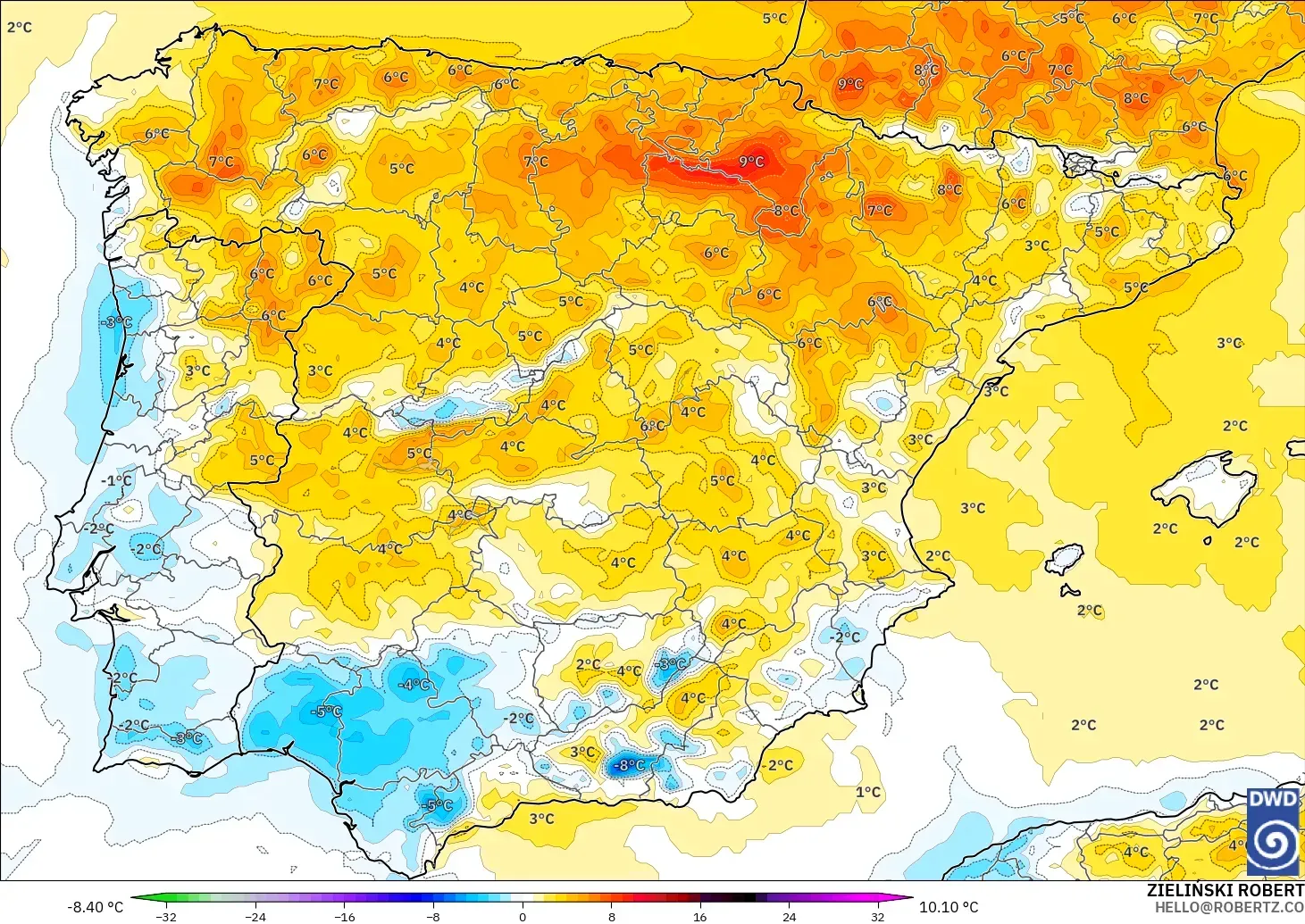 ICON modelo - Espanha, Anomalia de temperatura a 2 m