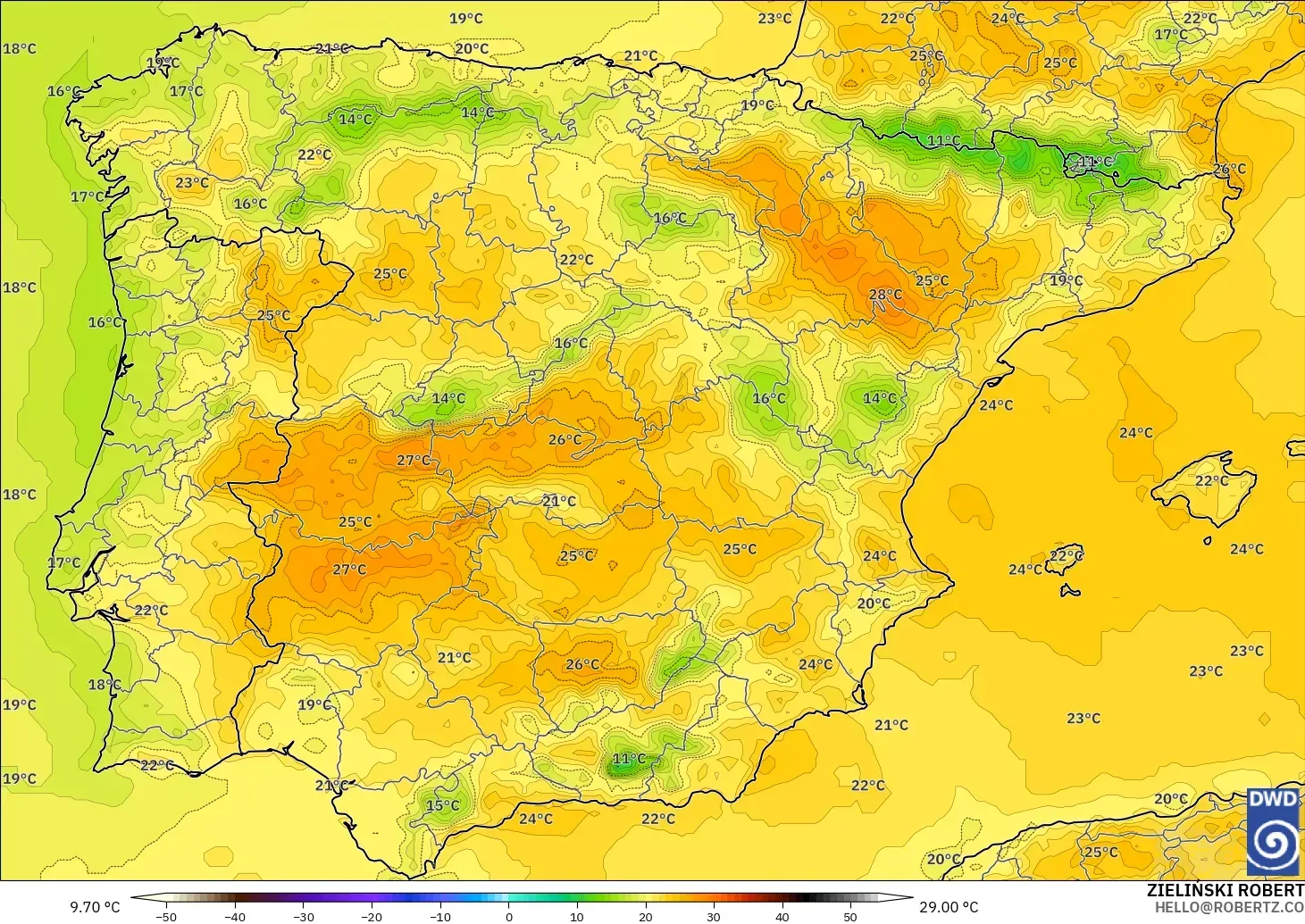 ICON modelo - Espanha, Temperatura a 2 m