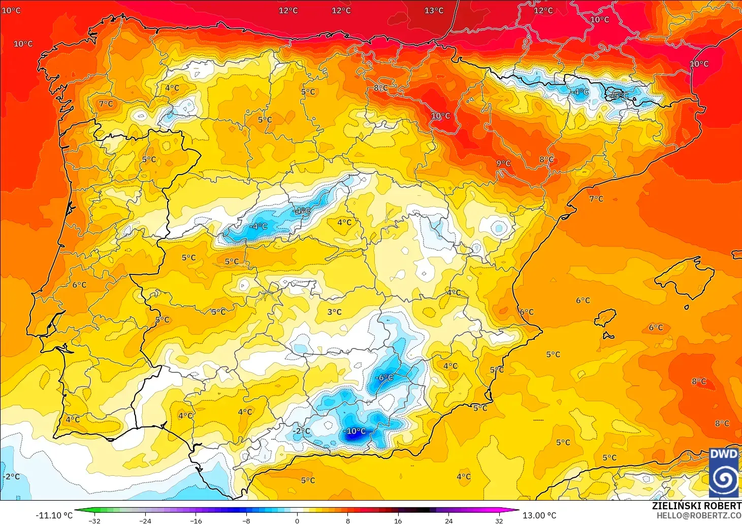 ICON modelo - Espanha, Anomalia de temperatura a 850 hPa
