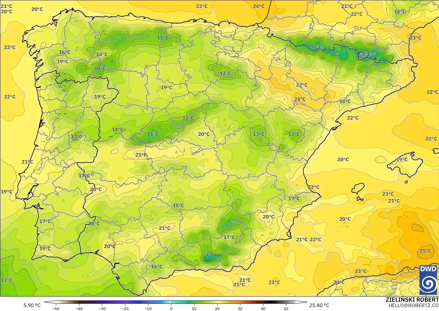 ICON modelo - Espanha, Temperatura a 850 hPa