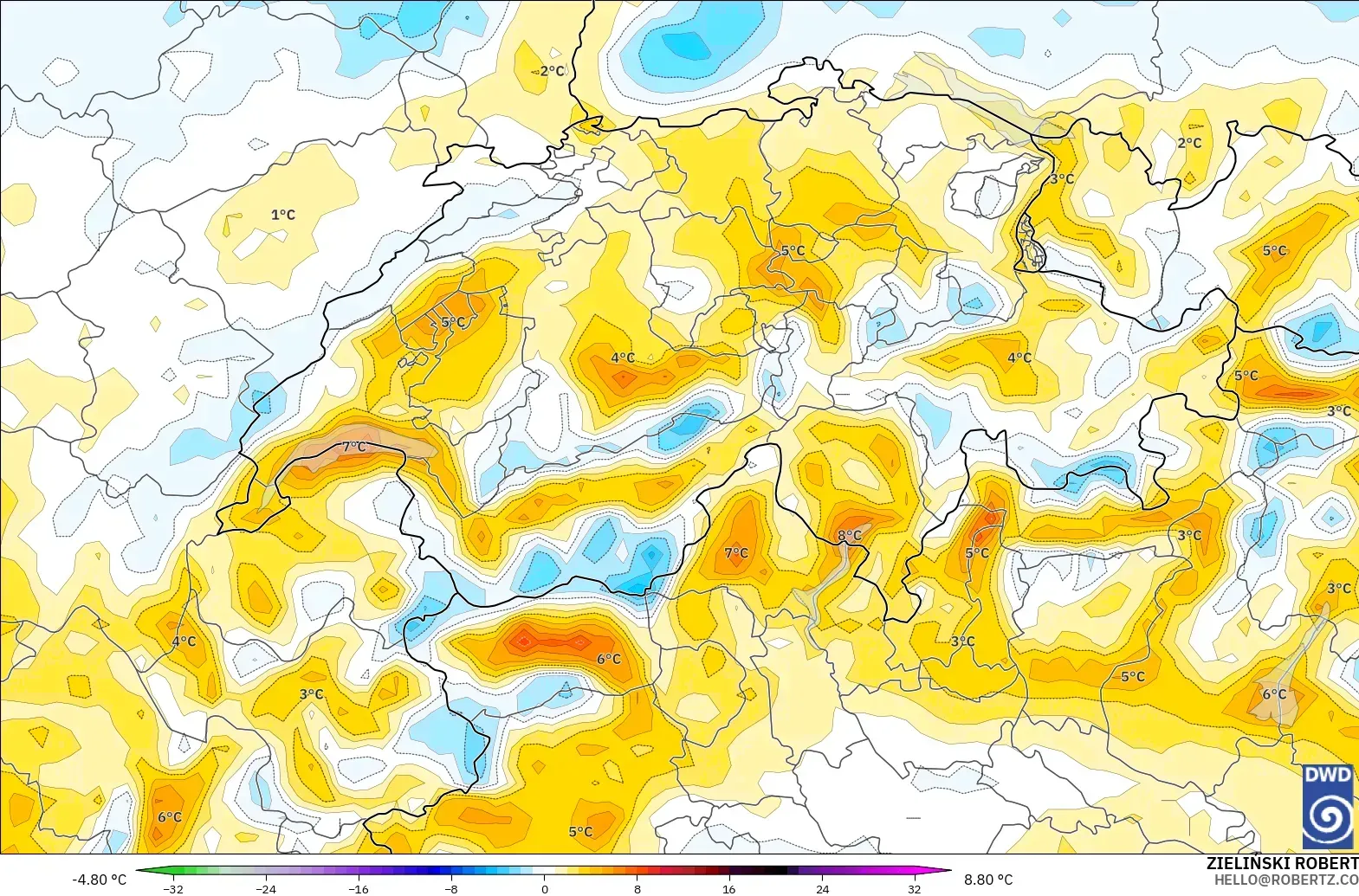 ICON modelo - Suíça, Anomalia de temperatura a 2 m