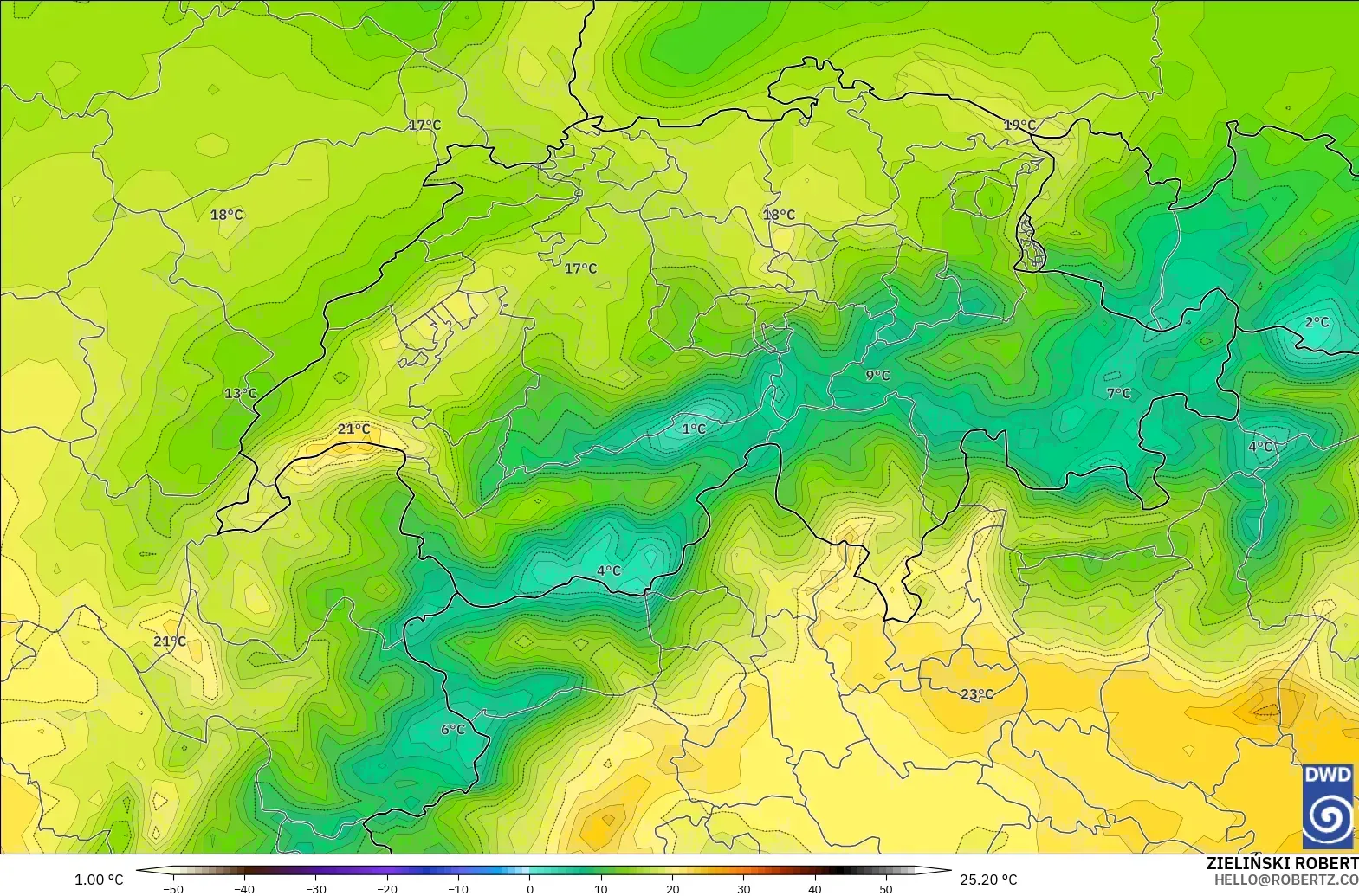 ICON modelo - Suíça, Temperatura a 2 m