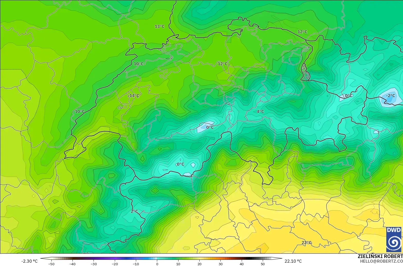 ICON modelo - Suíça, Temperatura a 850 hPa