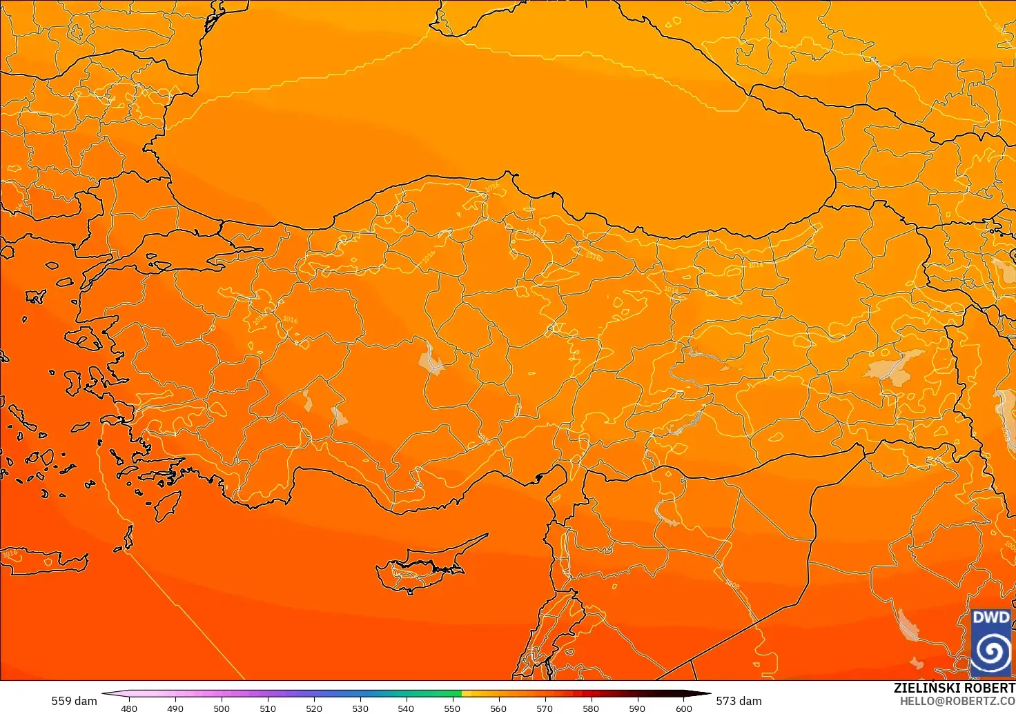 ICON modelo - Turquia, Altura geopotencial a 500 hPa
