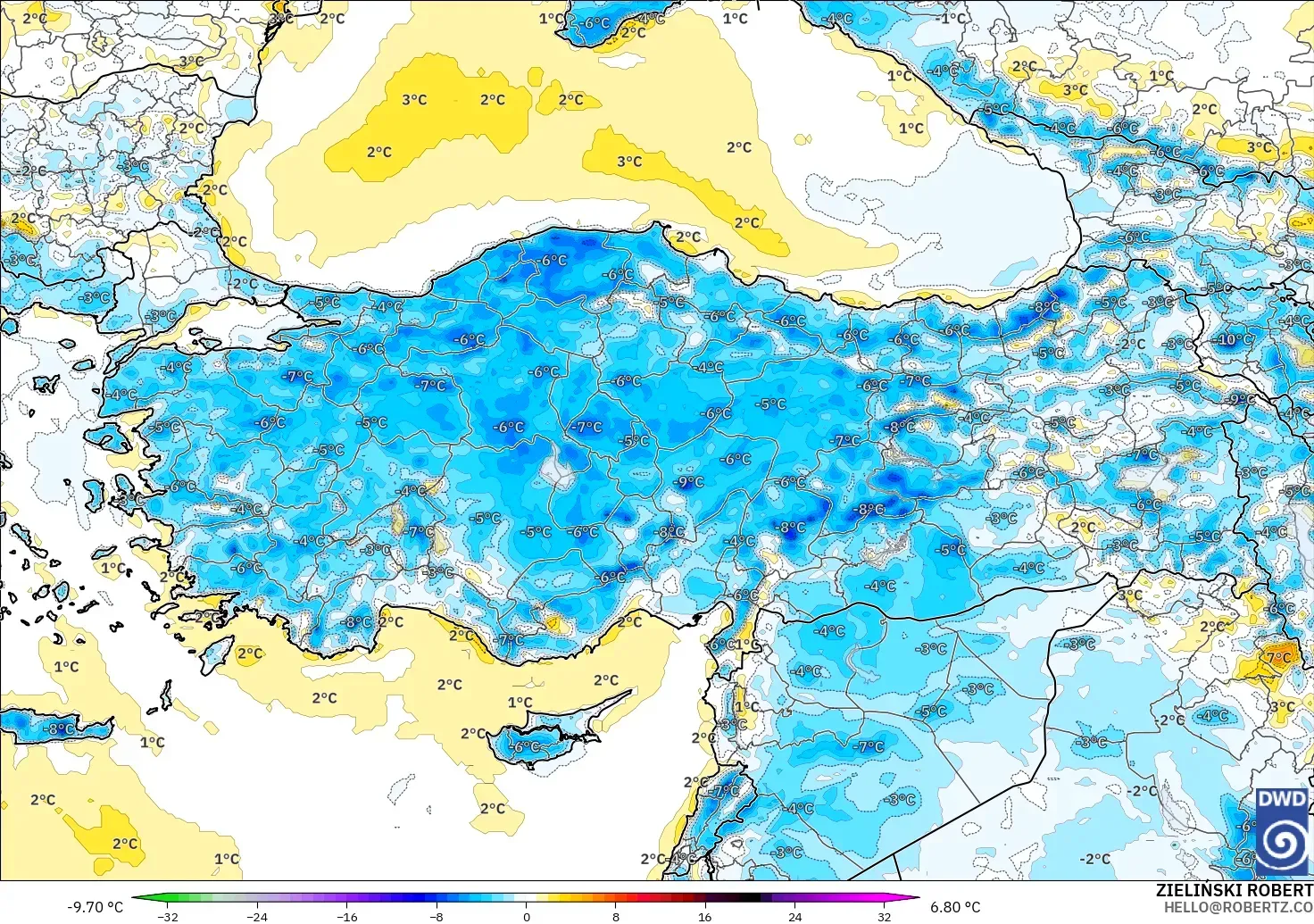 ICON modelo - Turquia, Anomalia de temperatura a 2 m