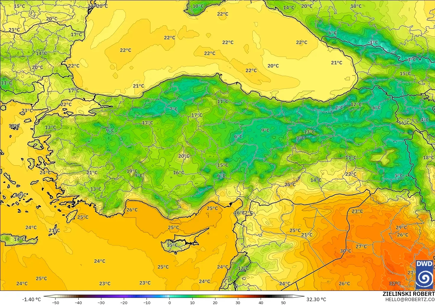 ICON modelo - Turquia, Temperatura a 2 m