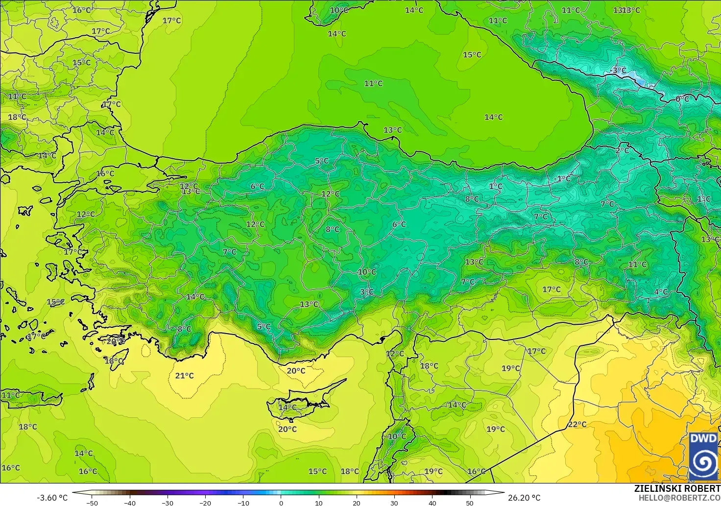 ICON modelo - Turquia, Temperatura a 850 hPa