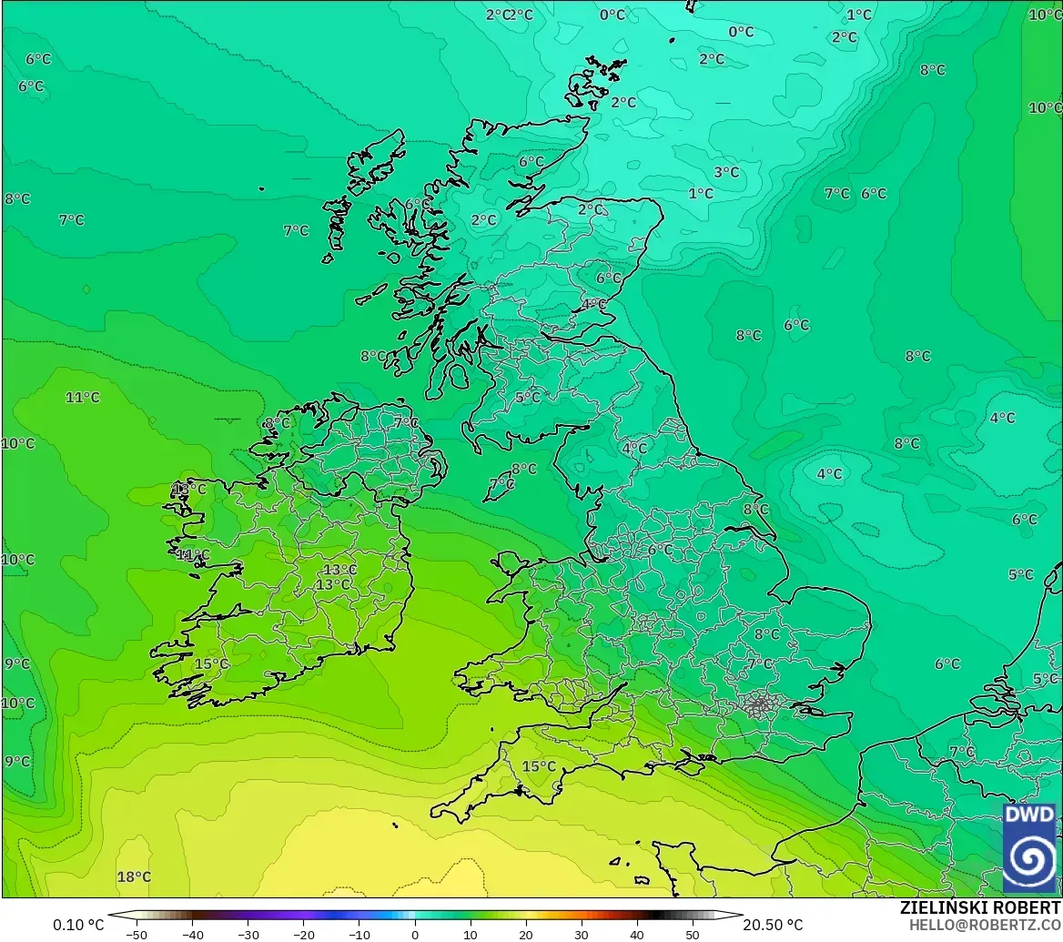 ICON modelo - Reino Unido, Temperatura a 850 hPa