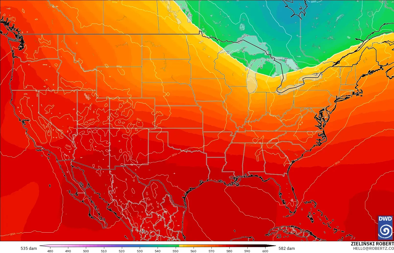 ICON modelo - Estados Unidos, Altura geopotencial a 500 hPa