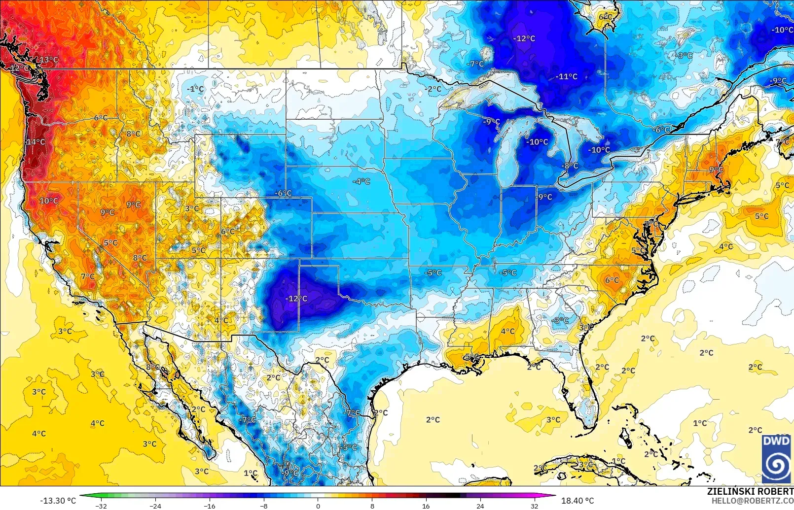 ICON modelo - Estados Unidos, Anomalia de temperatura a 2 m