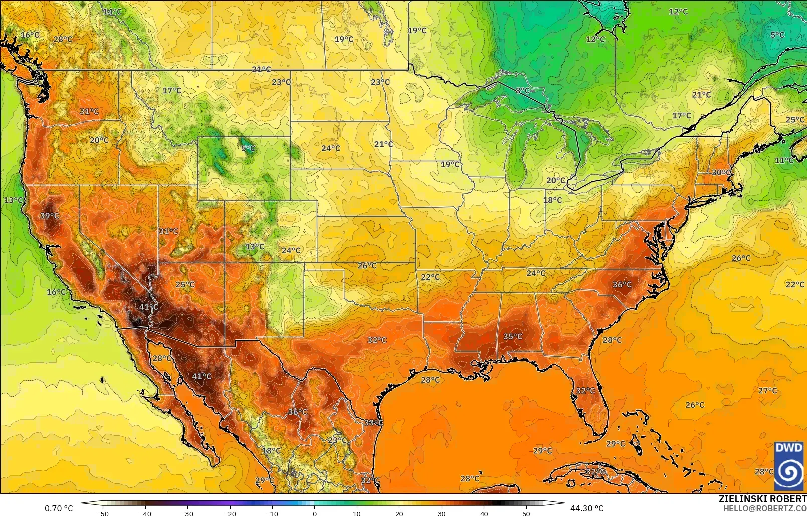 ICON modelo - Estados Unidos, Temperatura a 2 m