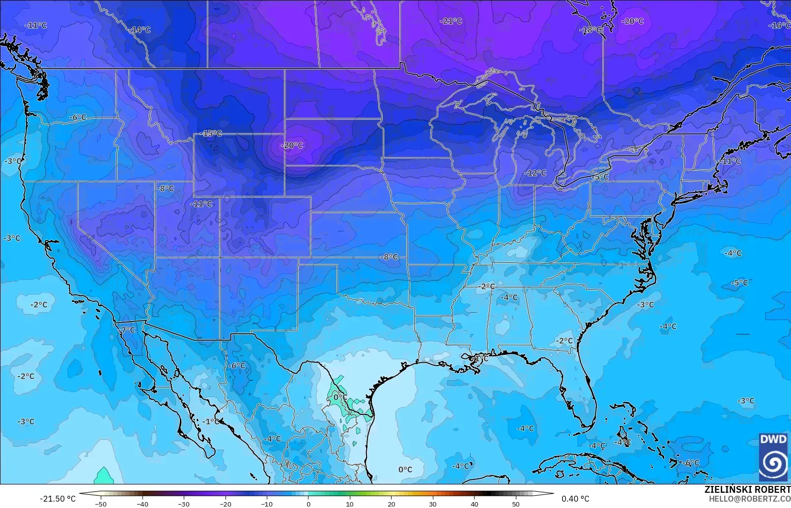 ICON modelo - Estados Unidos, Temperatura a 500 hPa