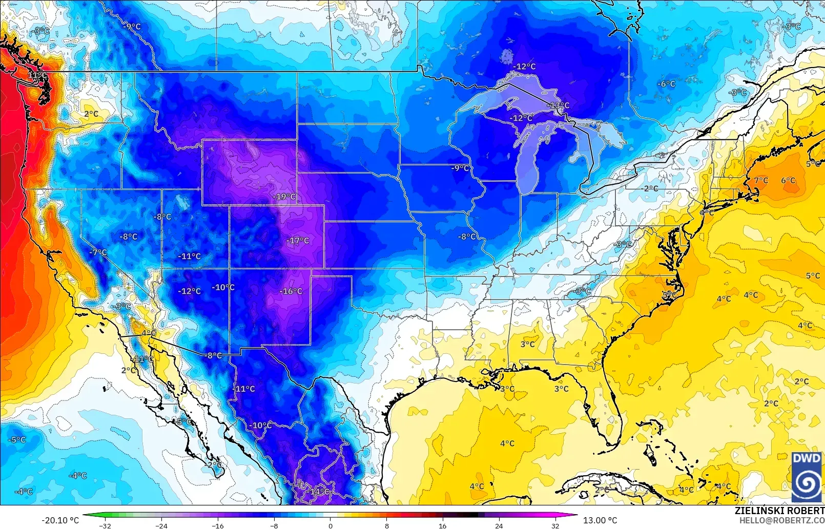 ICON modelo - Estados Unidos, Anomalia de temperatura a 850 hPa