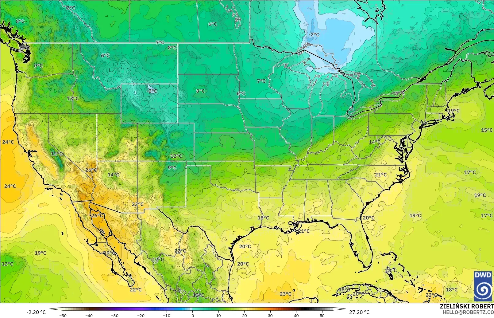 ICON modelo - Estados Unidos, Temperatura a 850 hPa