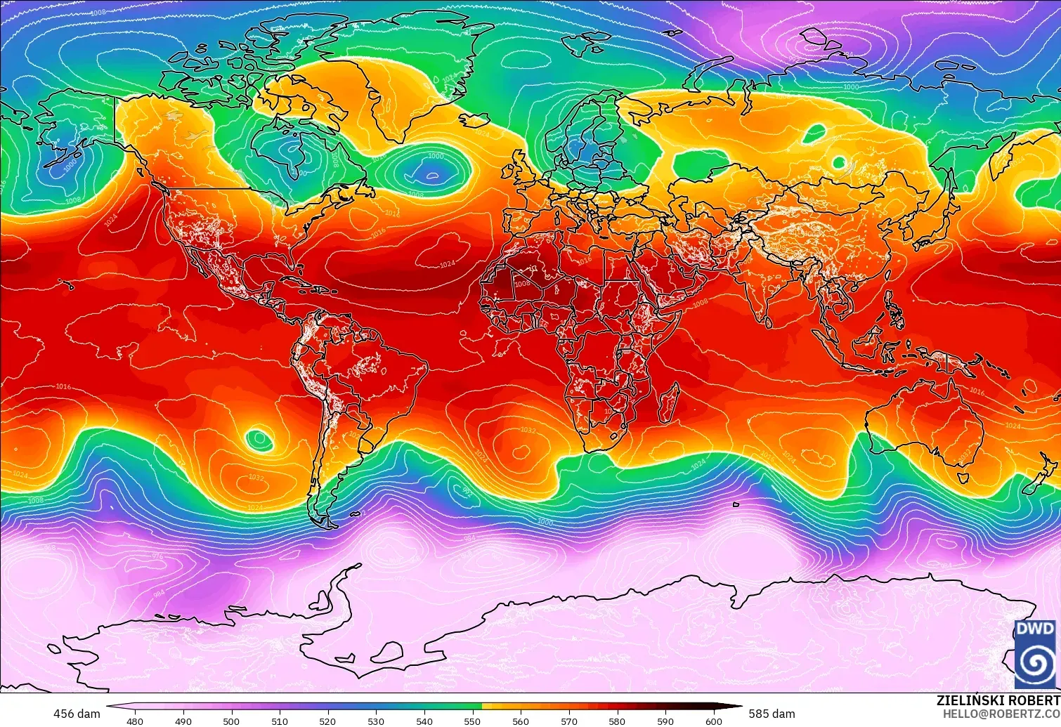 ICON modelo - Mundo, Altura geopotencial a 500 hPa