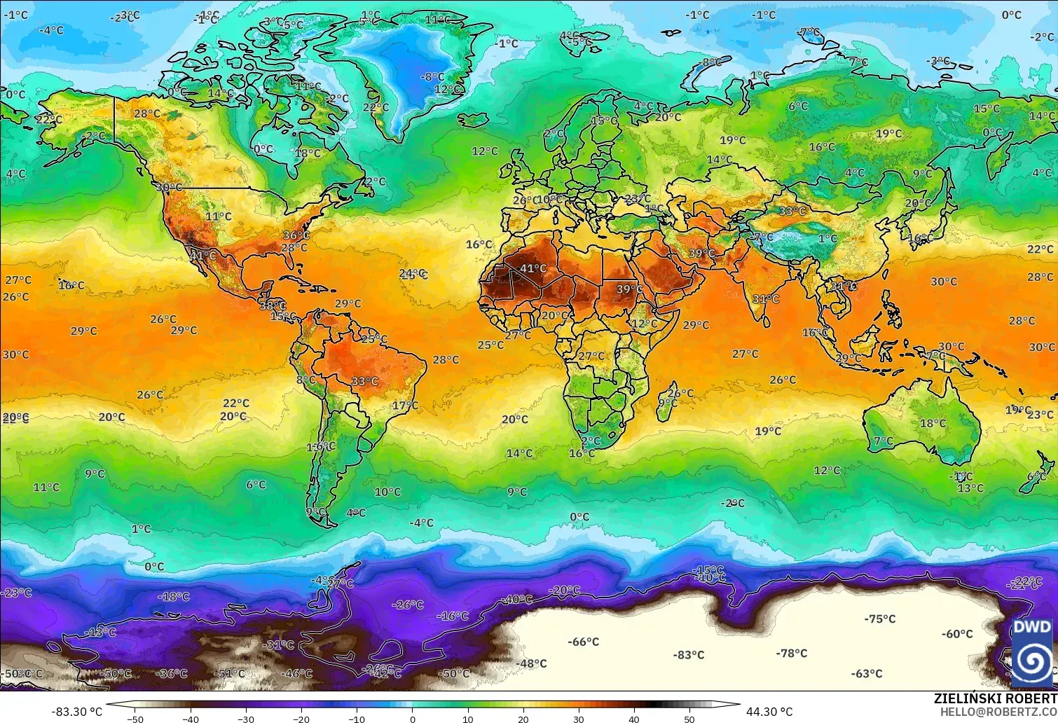 ICON modelo - Mundo, Temperatura a 2 m