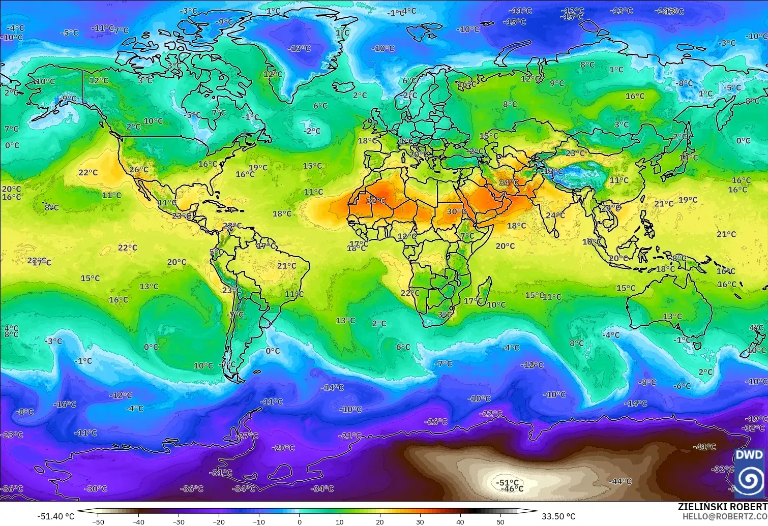 ICON modelo - Mundo, Temperatura a 850 hPa