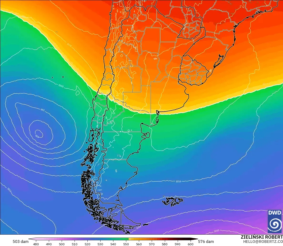ICON modelo - Argentina, Altura geopotencial a 500 hPa
