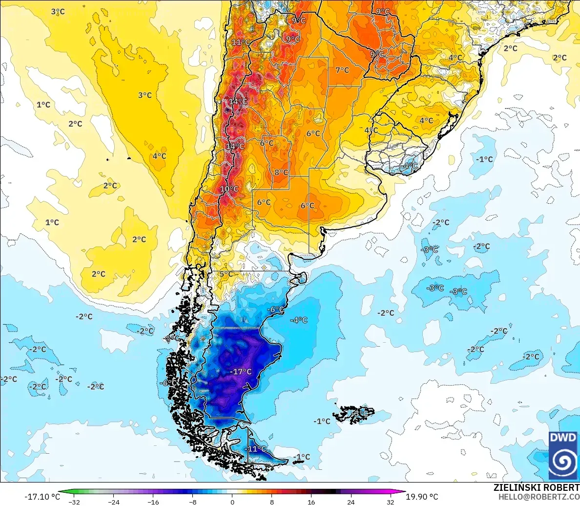 ICON modelo - Argentina, Anomalia de temperatura a 2 m