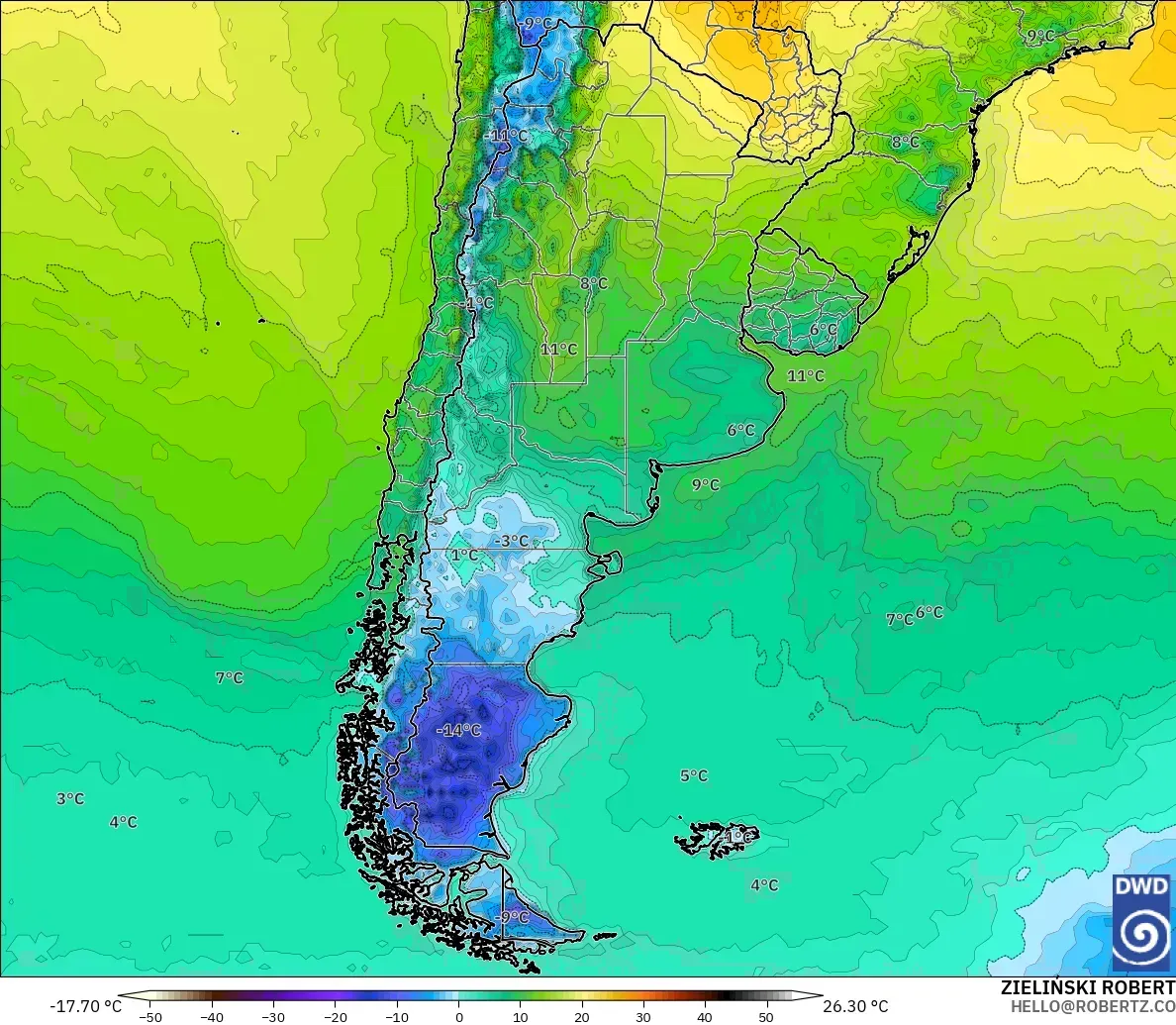 ICON modelo - Argentina, Temperatura a 2 m