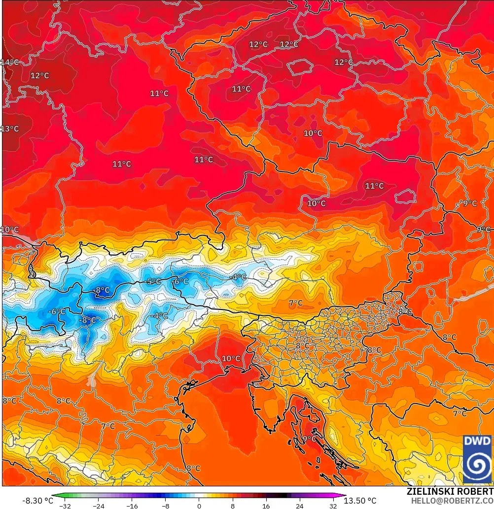 ICON modelo - Áustria, Anomalia de temperatura a 850 hPa