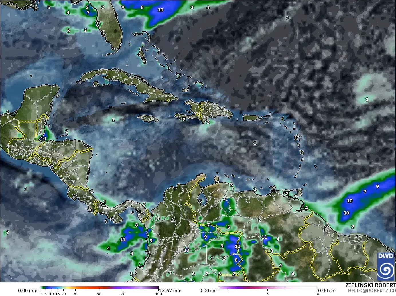 ICON modelo - Caribe, Precipitação, nuvens e pressão