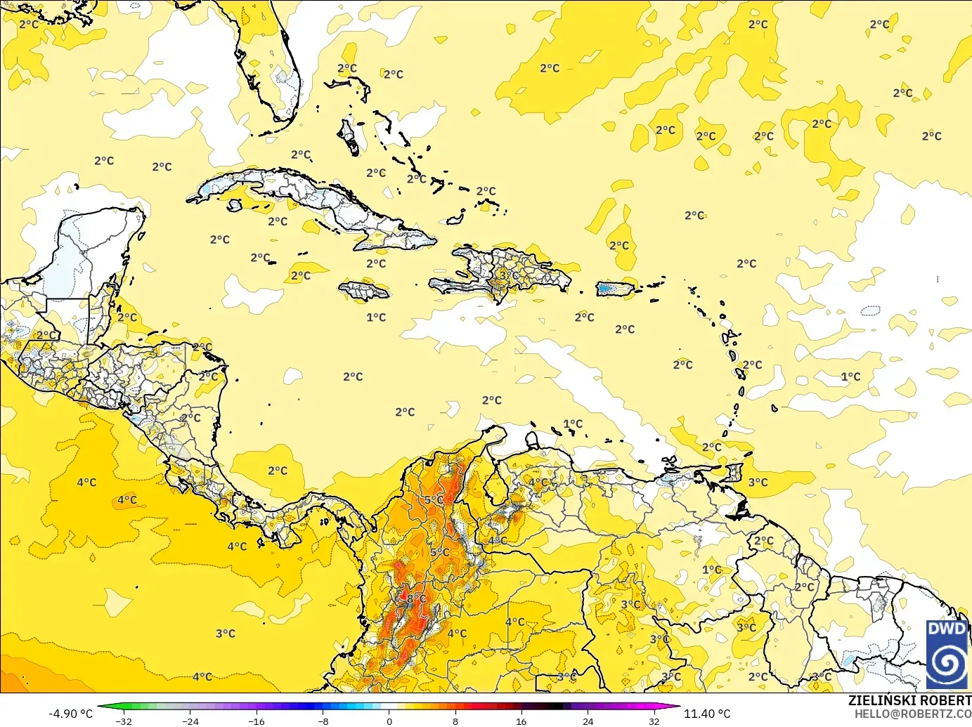 ICON modelo - Caribe, Anomalia de temperatura a 2 m