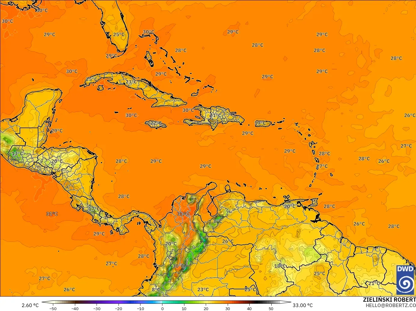ICON modelo - Caribe, Temperatura a 2 m