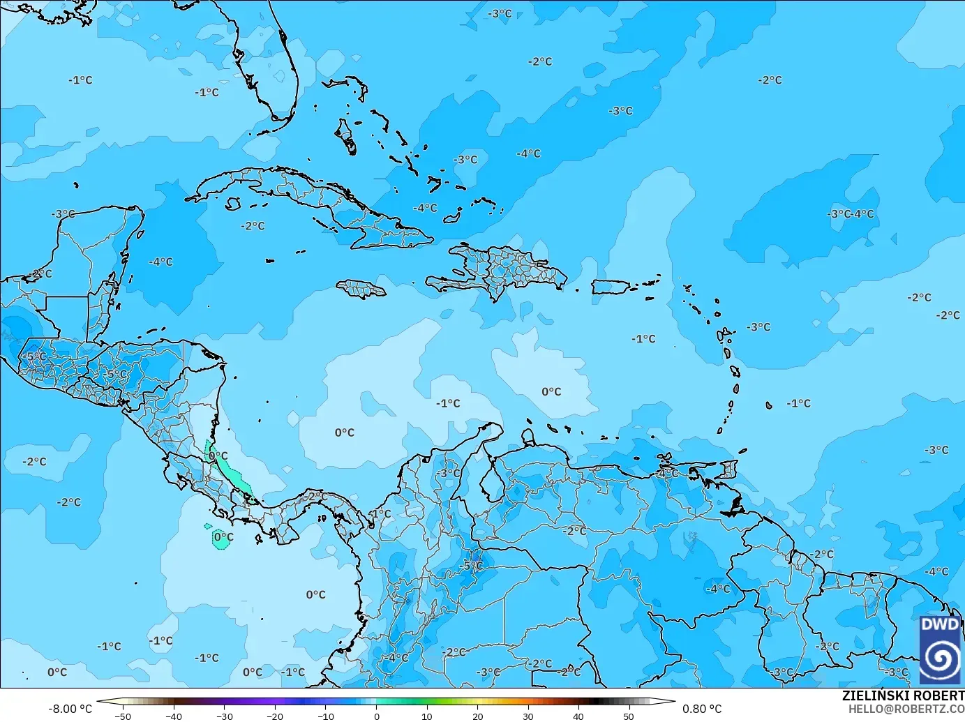 ICON modelo - Caribe, Temperatura a 500 hPa