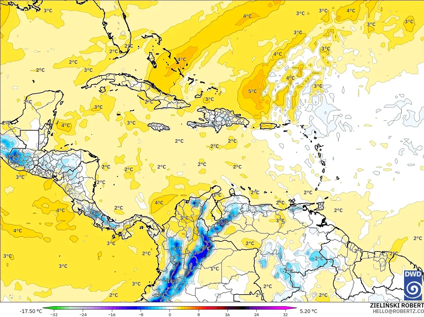 ICON modelo - Caribe, Anomalia de temperatura a 850 hPa