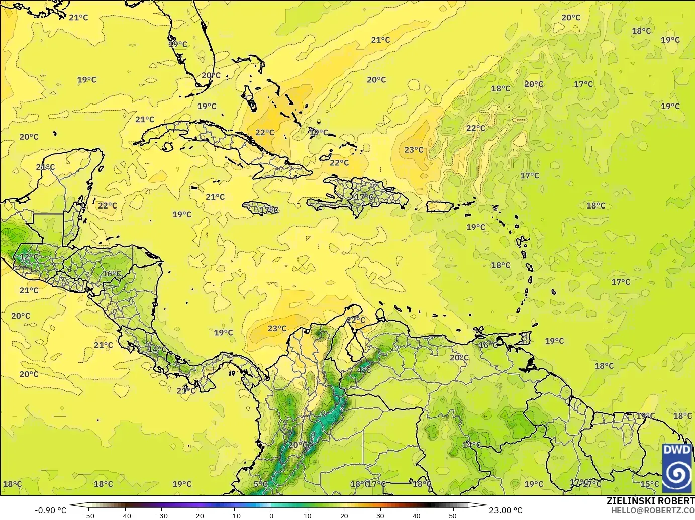 ICON modelo - Caribe, Temperatura a 850 hPa