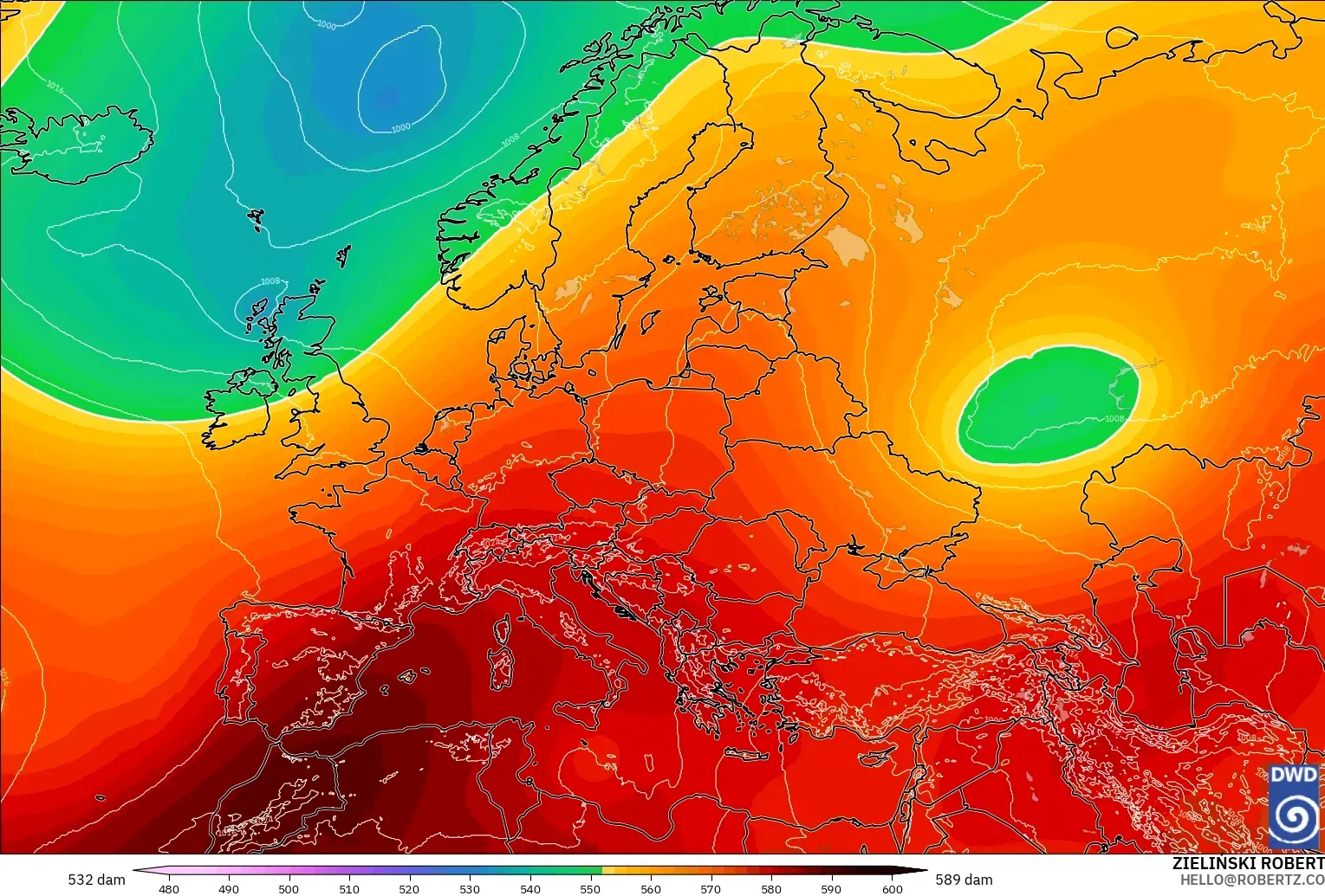ICON modelo - Europa, Altura geopotencial a 500 hPa