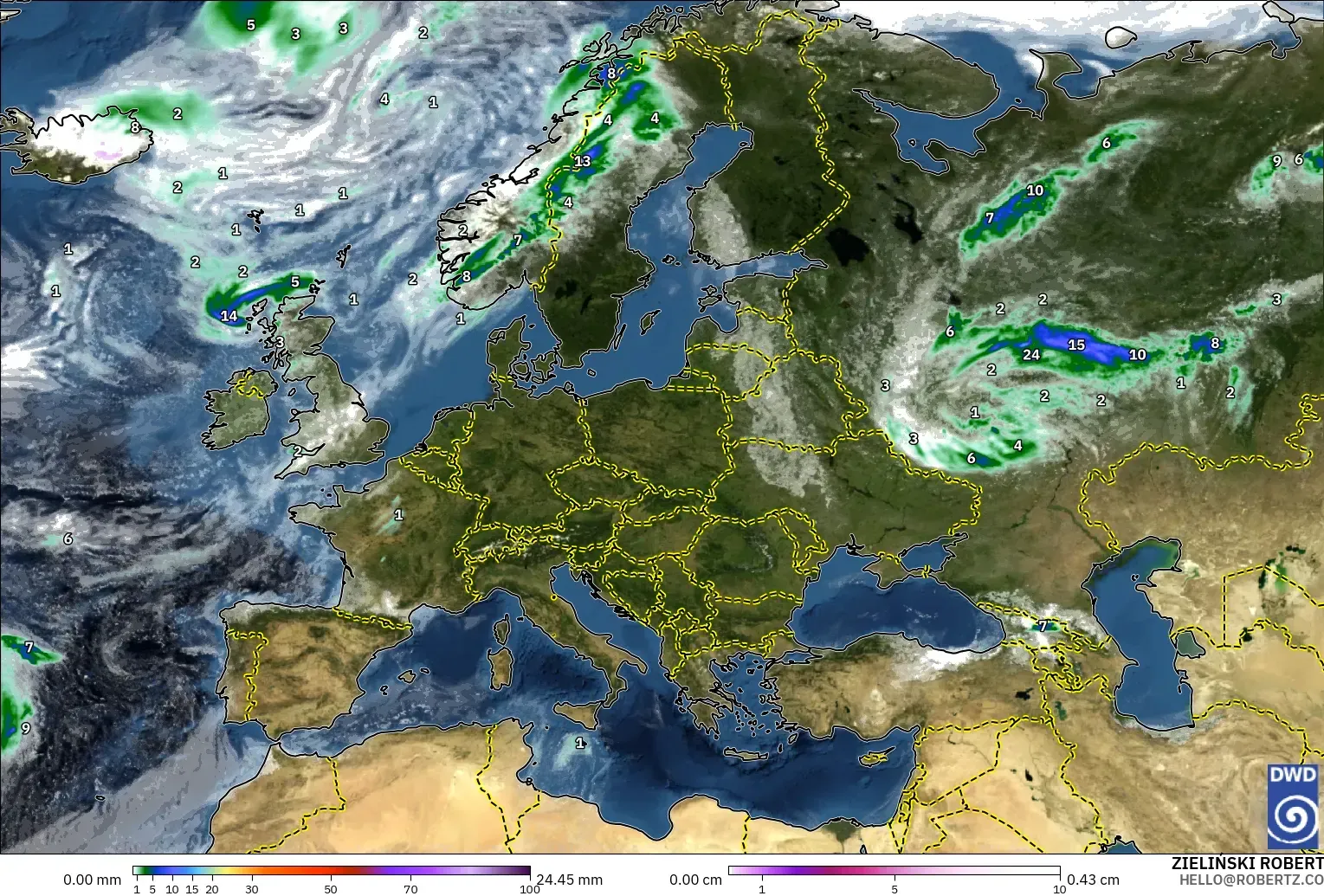 ICON modelo - Europa, Precipitação, nuvens e pressão