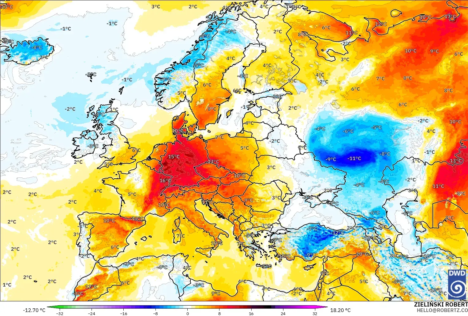 ICON modelo - Europa, Anomalia de temperatura a 2 m