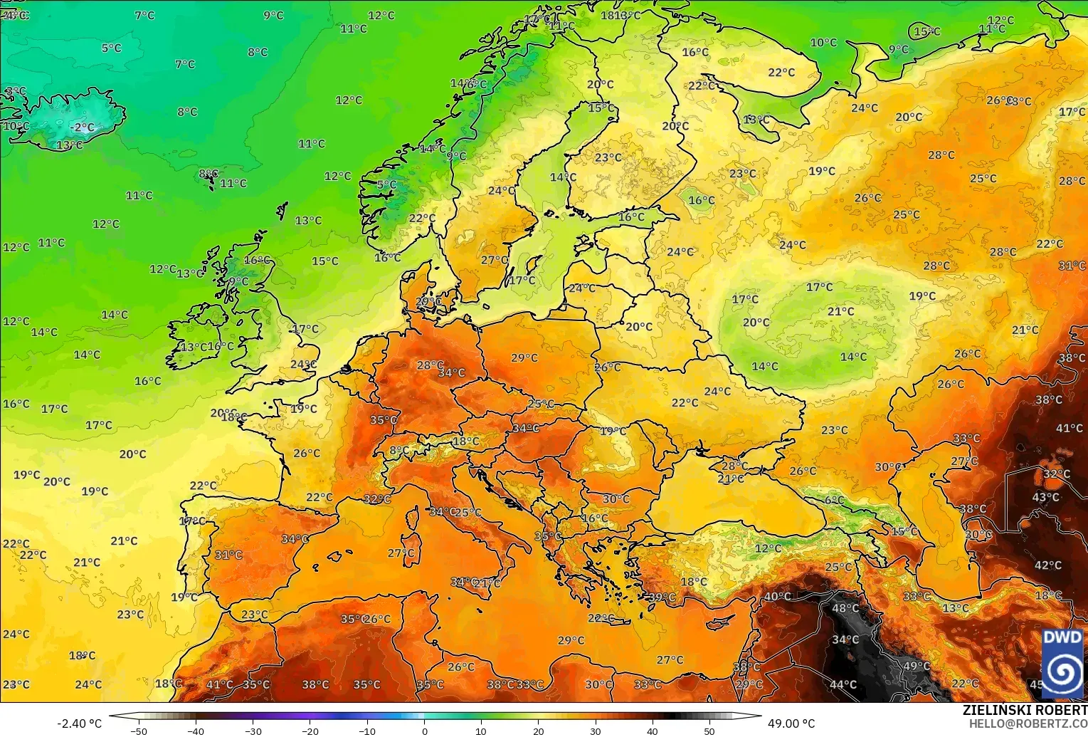 ICON modelo - Europa, Temperatura a 2 m