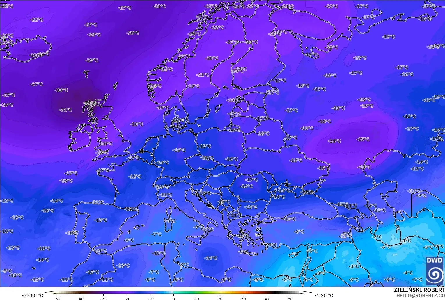 ICON modelo - Europa, Temperatura a 500 hPa