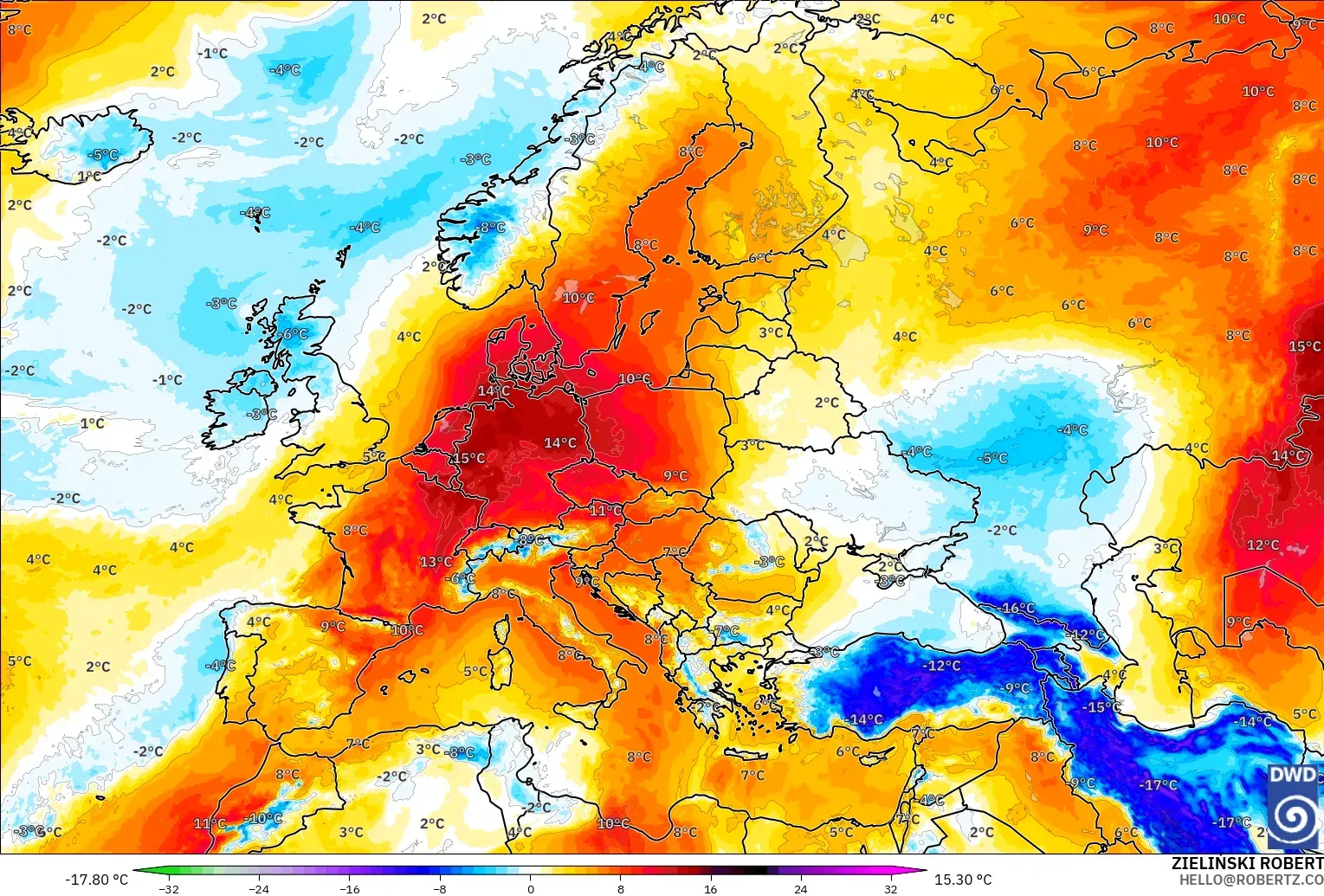 ICON modelo - Europa, Anomalia de temperatura a 850 hPa