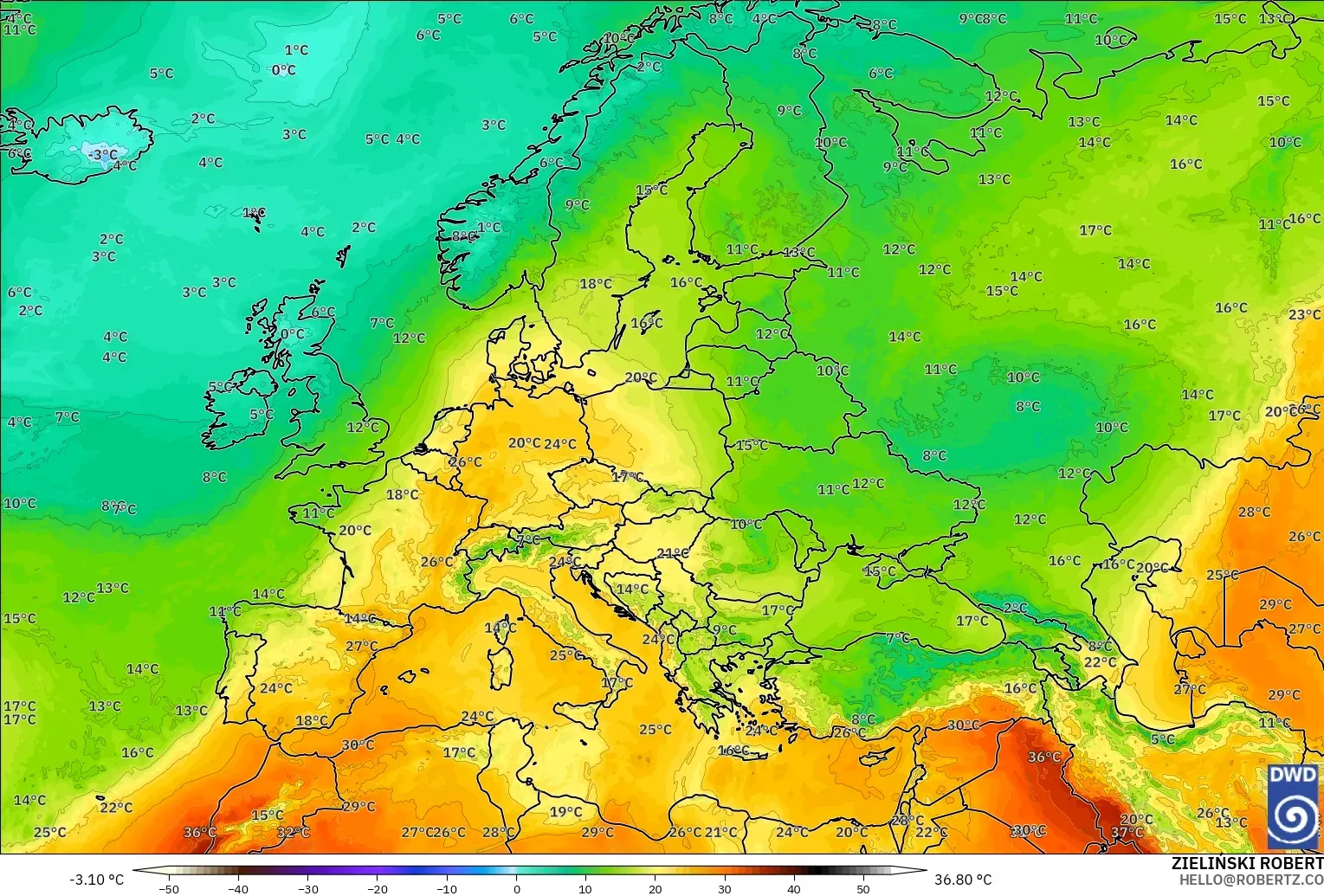 ICON modelo - Europa, Temperatura a 850 hPa