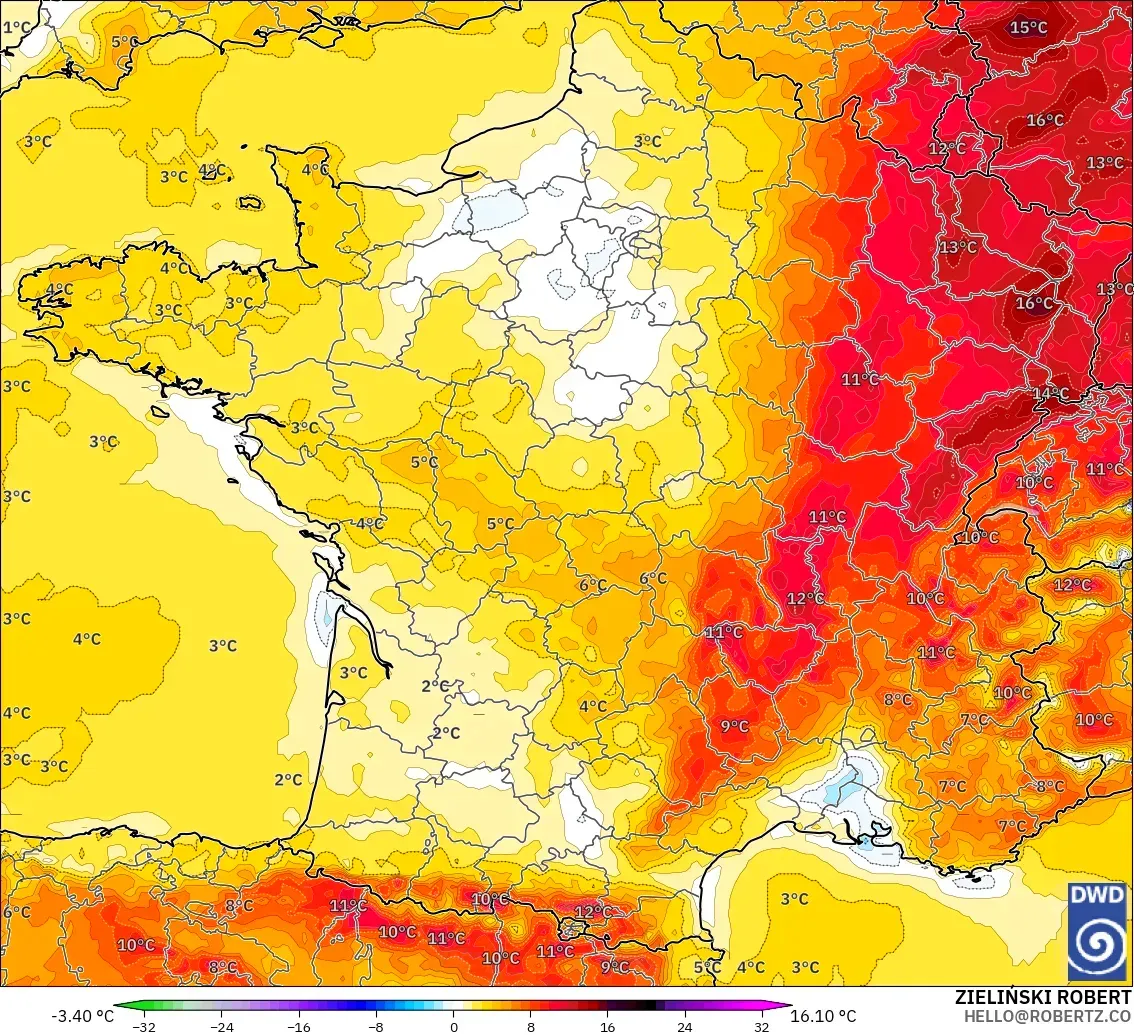 ICON modelo - França, Anomalia de temperatura a 2 m