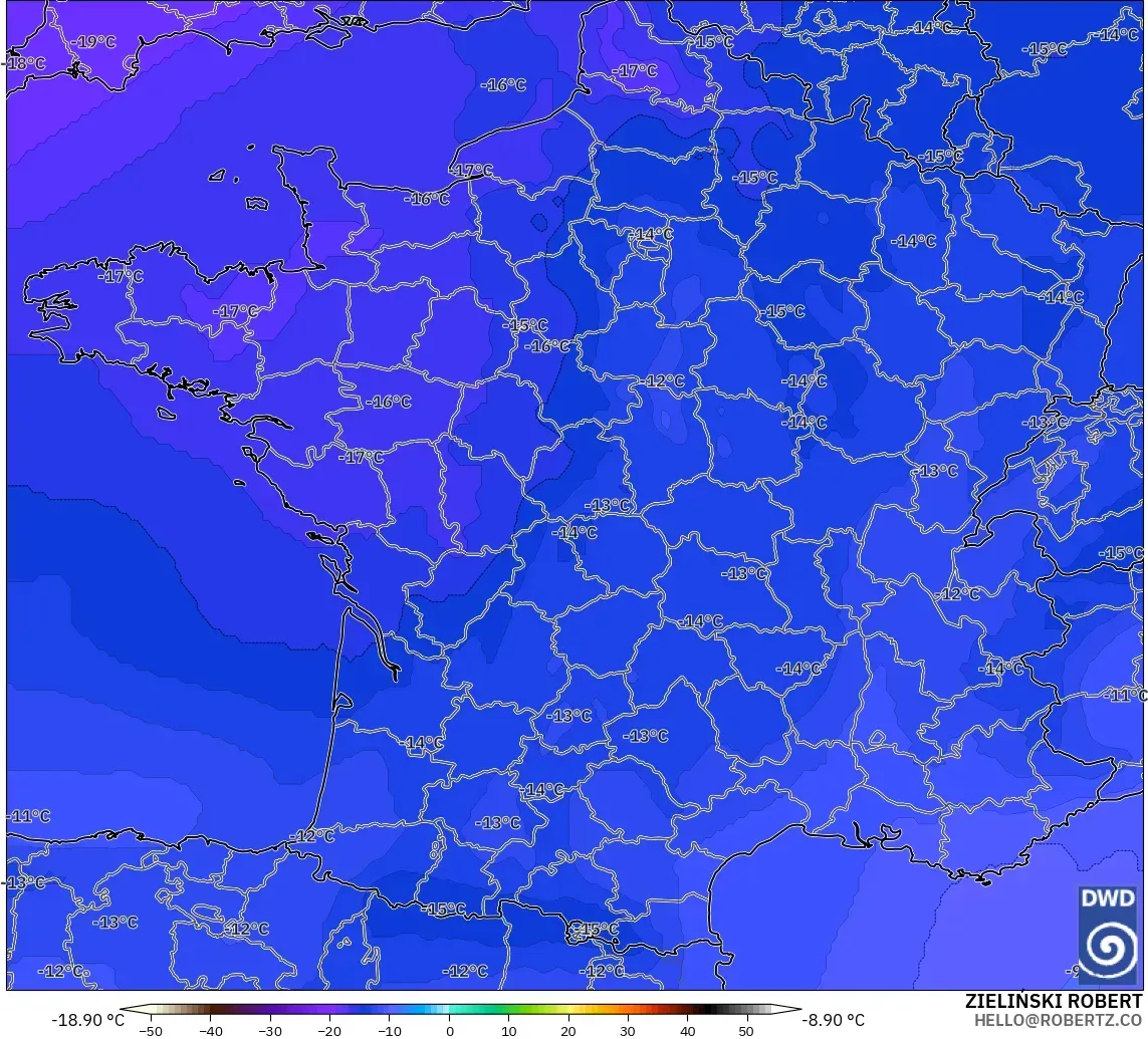 ICON modelo - França, Temperatura a 500 hPa